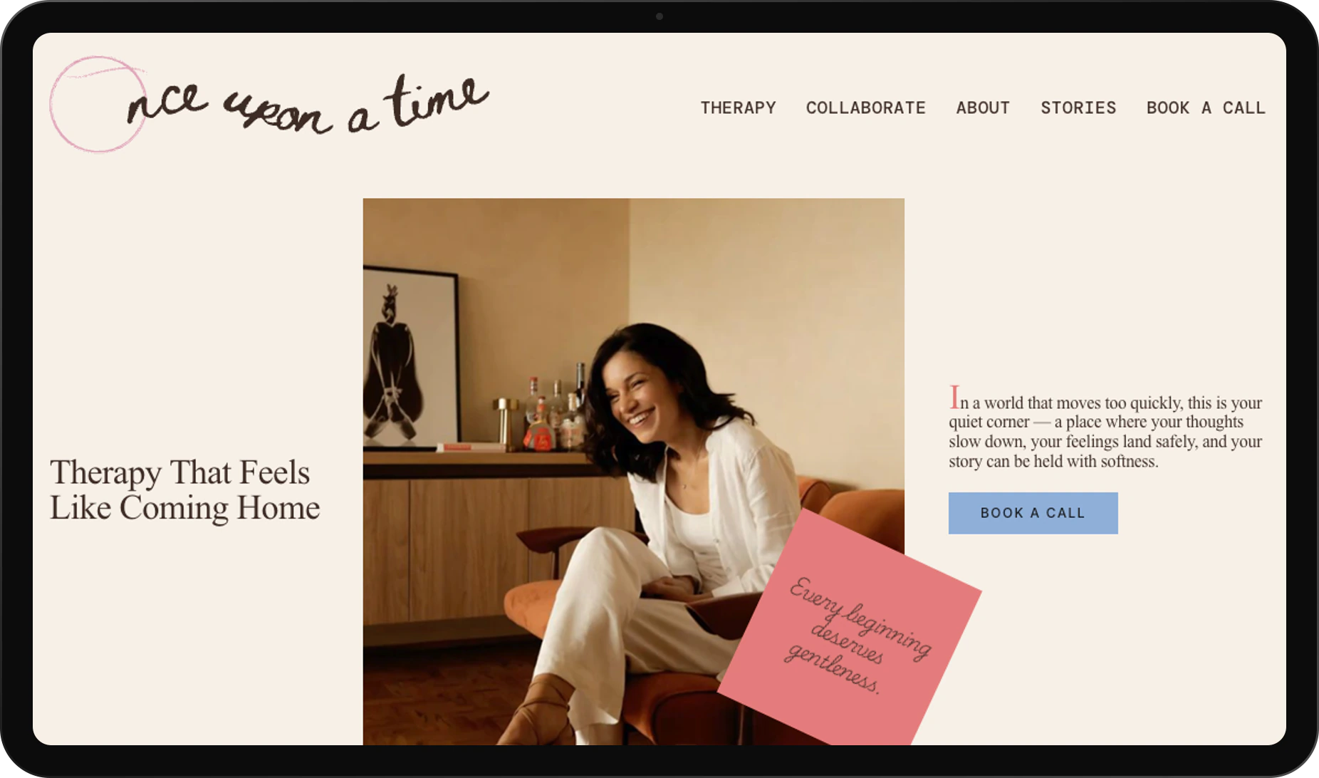 Once Upon a Time therapy website homepage shown on a tablet
