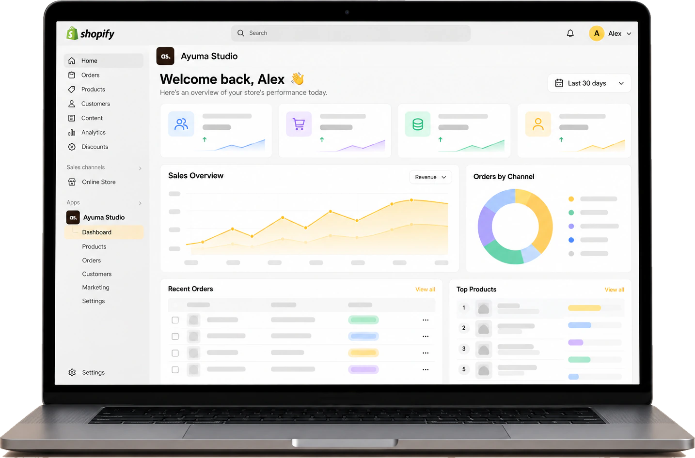 Custom Shopify app dashboard embedded in the Shopify admin on a laptop, with sales charts, recent orders and top products