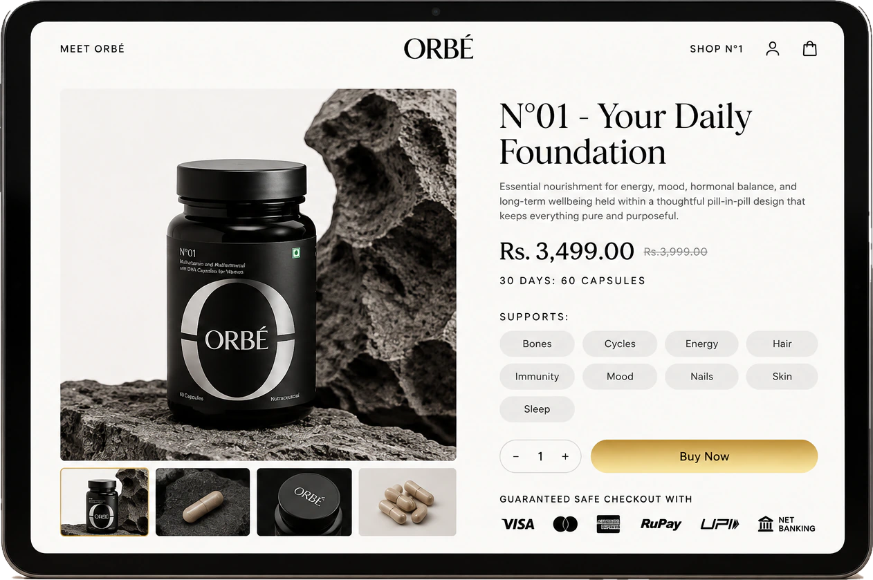 Shopify product page for a supplement brand on a tablet, with a product gallery, price, benefit tags and checkout options