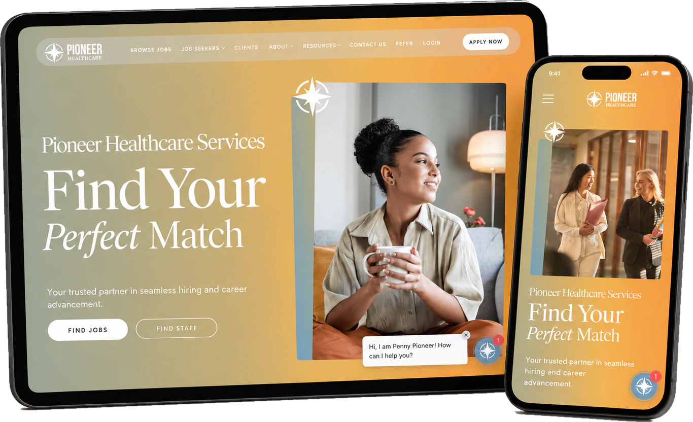 Responsive website shown on a tablet and a phone, with navigation, a hero section and a chat widget